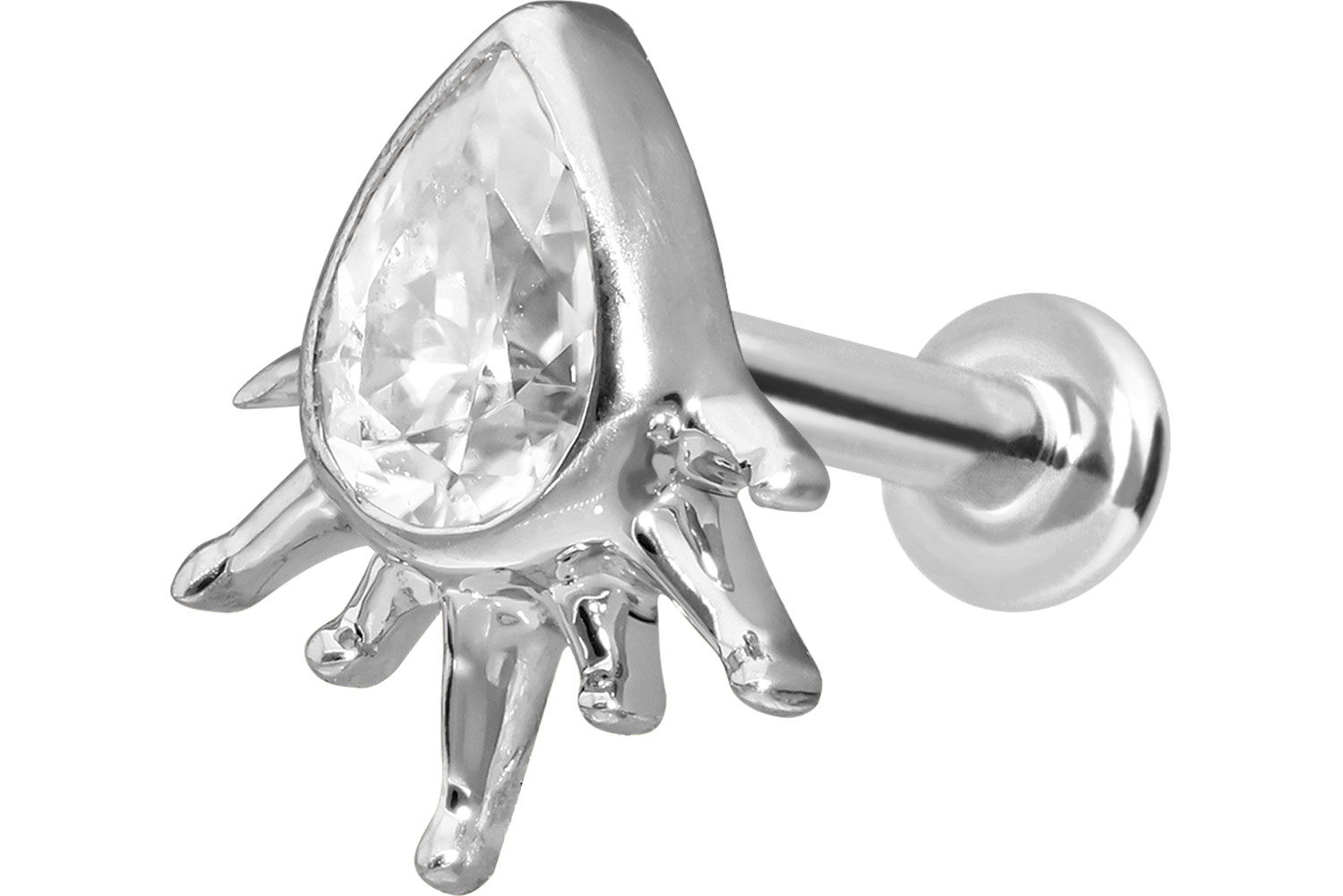 14 Karat Gold Labret Piercing mit Push Fit MOISSANIT-TROPFEN + SONNENSTRAHLEN